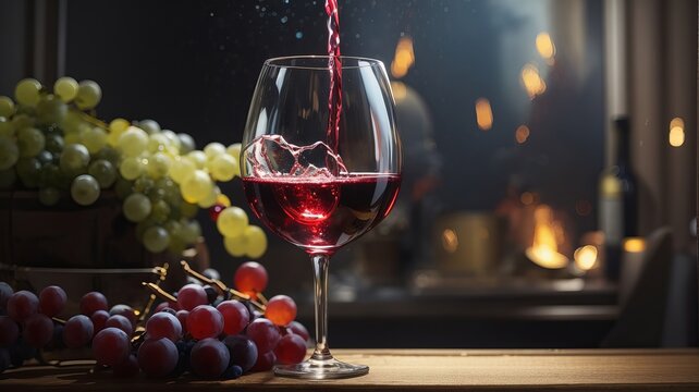 Pouring red wine into a glass with grapes and a fireplace in the background.