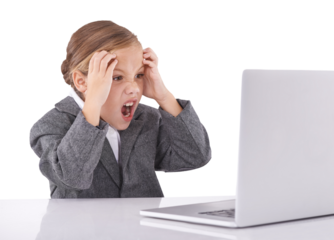 Girl, child and laptop suit play for business angry or childhood boss dream, isolated on transparent png background. Female person, shock or future manager cosplay, online connection or kindergarten