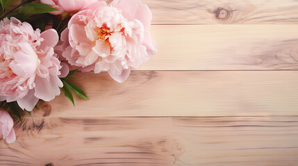 Fototapeta na wymiar pink peonies on a wooden table with green leaves. generative ai