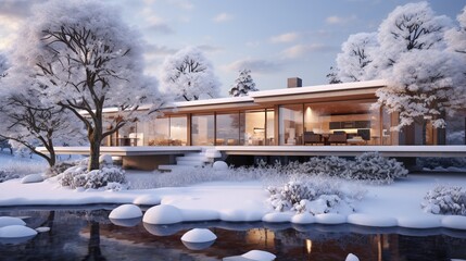 villa house, modern design private home and its garden in winter covered with snow