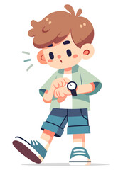 Impatience, Little boy with tousled hair, tapping his foot and frequently checking his wristwatch, vector illustration, Boy waiting impatiently, stock vector image