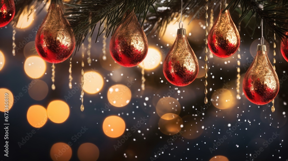 Poster a close up of a christmas tree with red ornaments hanging from it's branches and boke of lights in t