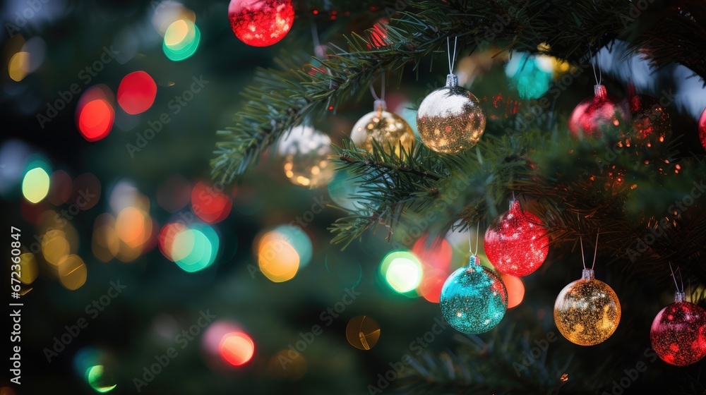 Aufkleber a close up of a christmas tree with a lot of baubles hanging from it's branches and lights in the ba