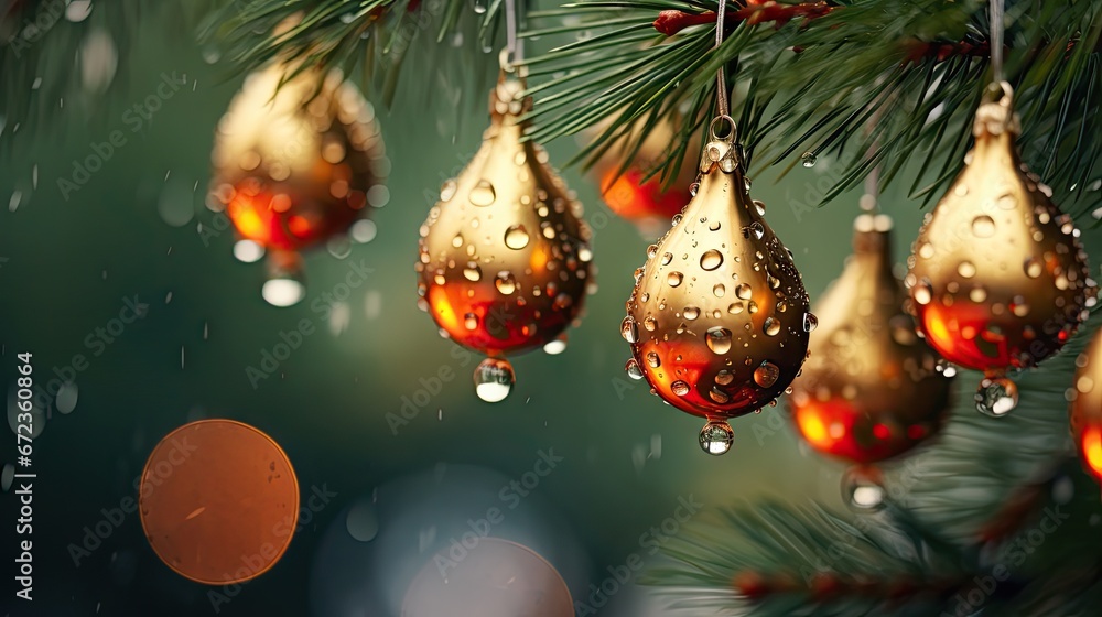 Aufkleber a bunch of christmas ornaments hanging from a tree branch in the rain with drops of water on them an