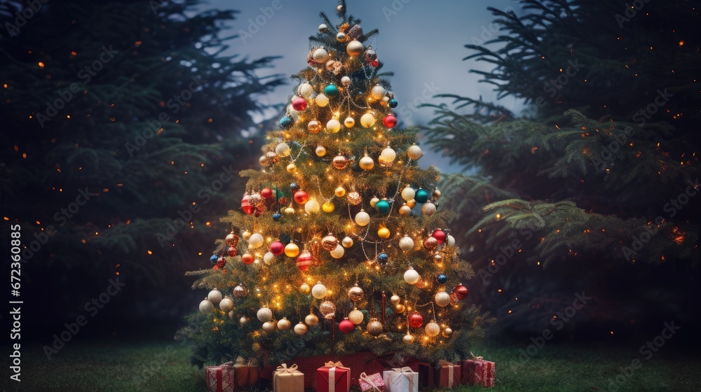 Poster a lit christmas tree with presents under it in a grassy area with trees in the background and lights