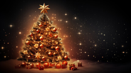 Tło świąteczne na życzenia z ozdobioną choinką i z prezentami na Święta Bożego Narodzenia. Ciemne kolory