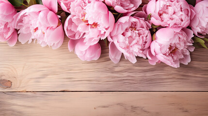 Fototapeta na wymiar a bunch of pink peonies on a wooden surface. generative ai