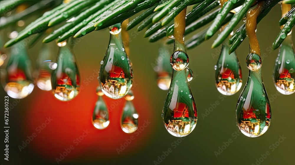 Poster  a group of drops of water hanging from a pine tree branch with a red ornament in the background.  generative ai