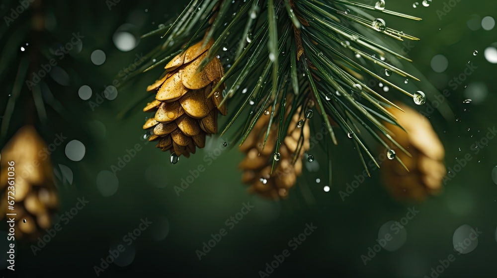 Poster a close up of a pine cone on a pine tree with raindrops on the leaves and drops of water on the need