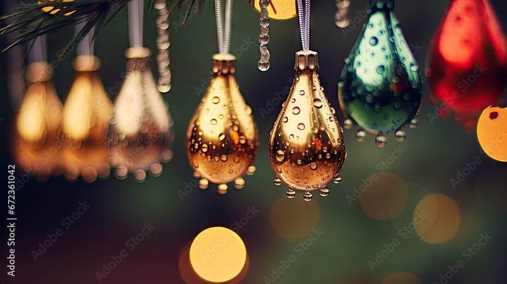 Poster a close up of a bunch of ornaments hanging from a tree with a blurry background of lights in the bac