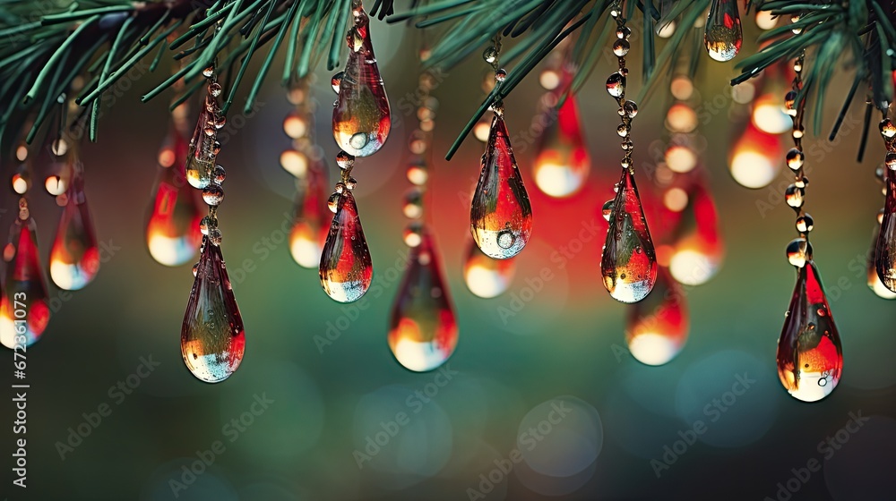 Poster a group of drops of water hanging from a pine tree branch with a blurry background of water droplets