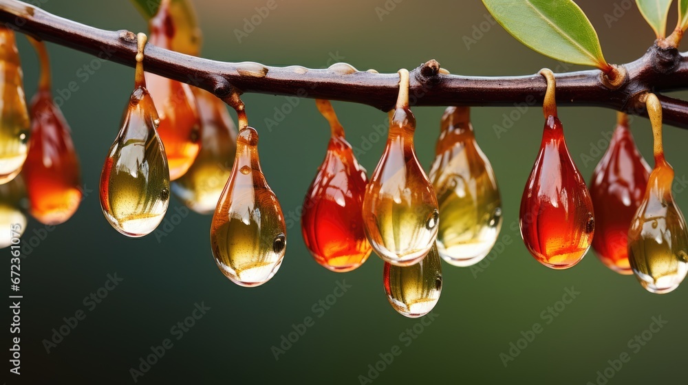 Poster a group of drops of water hanging from a twig on a twig with a green leaf in the background. generat