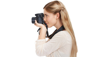 Photography, camera focus and woman shooting creative memory picture, isolated or digital production. Lens, art creativity and freelance photographer profile working on transparent, png background