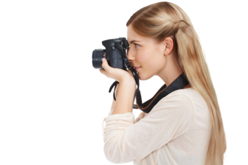 Photography, camera focus and woman shooting creative memory picture, isolated or digital production. Lens, art creativity and freelance photographer profile working on transparent, png background