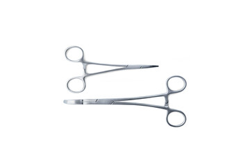 medical instruments, two curved clamps on a white background. medical equipment, surgical instruments, medical instruments, clipping path, isolate