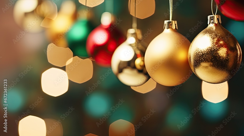 Poster a group of shiny christmas ornaments hanging from a string on a christmas tree with a boke of lights
