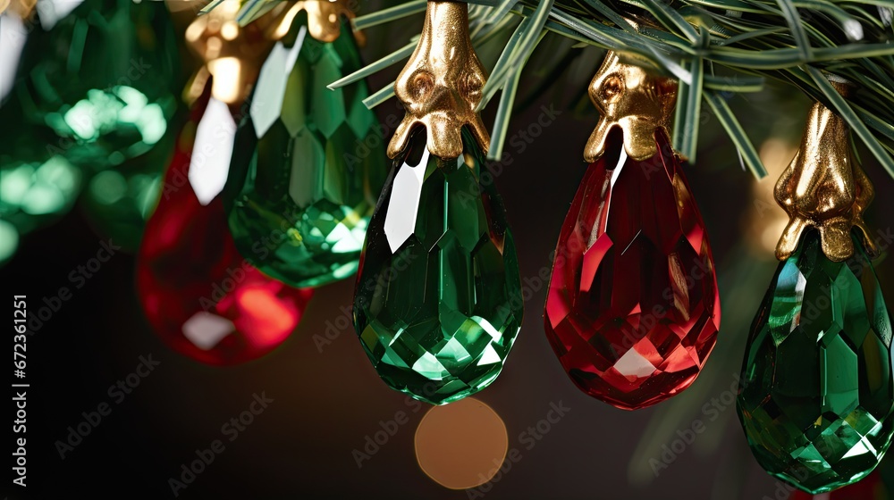 Poster a christmas ornament hanging from a tree with lights in the background and a green and red ornament 