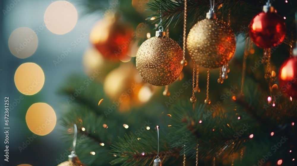Poster a close up of a christmas tree with ornaments hanging from it's branches and blurred lights in the b