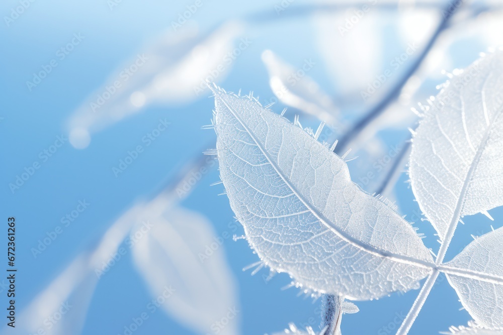Poster crystal-clear frost patterns adorn a leaf, i soft sunlight, capturing winter's pristine elegance.