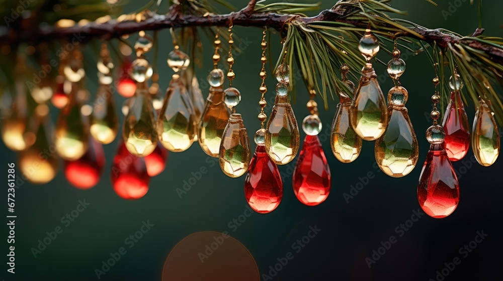 Poster a close up of a tree branch with drops of water hanging from it's drops of water on a pine branch. g
