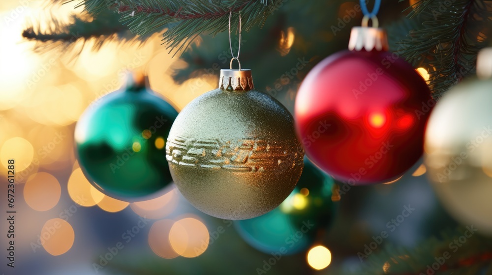 Poster a close up of a christmas tree with three ornaments hanging from it's branches and blurry lights in 