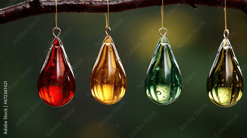 Poster  three drops of water hanging from a tree branch with rain drops hanging off of it's sides and a number of other drops hanging from a tree branch.  generative ai