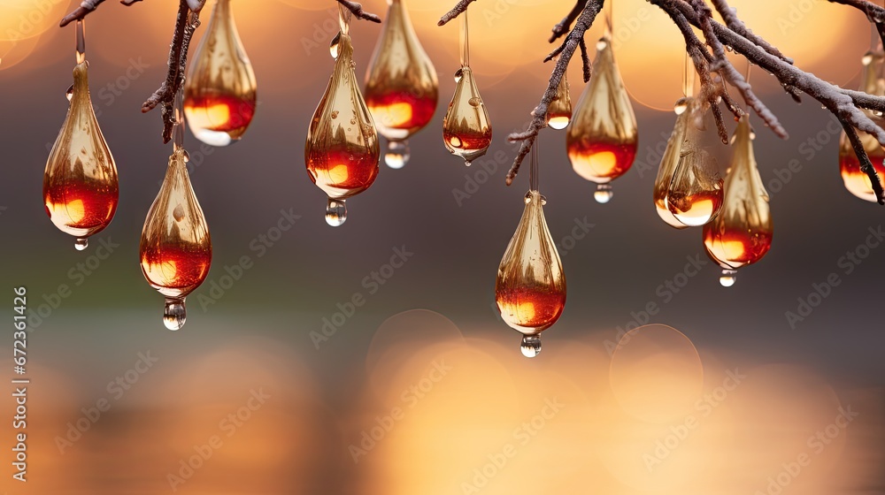 Poster a group of drops of water hanging from a tree branch in front of a blurry background of water drople