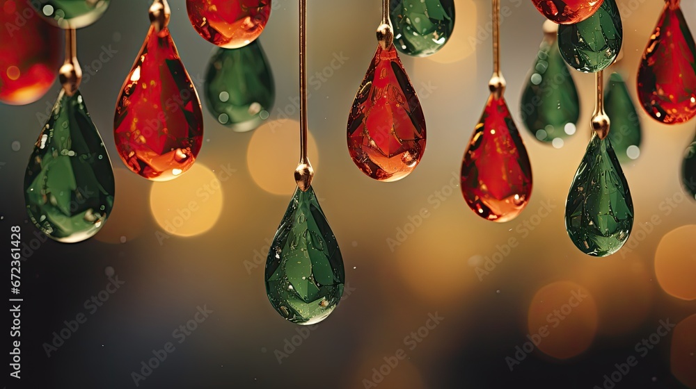 Poster a group of green and red drops of water hanging from a line of gold - colored strings with lights in