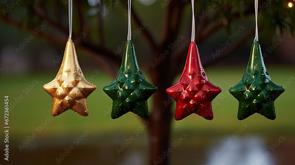 Poster a group of ornaments hanging from a tree in front of a green grass covered park with a tree in the b
