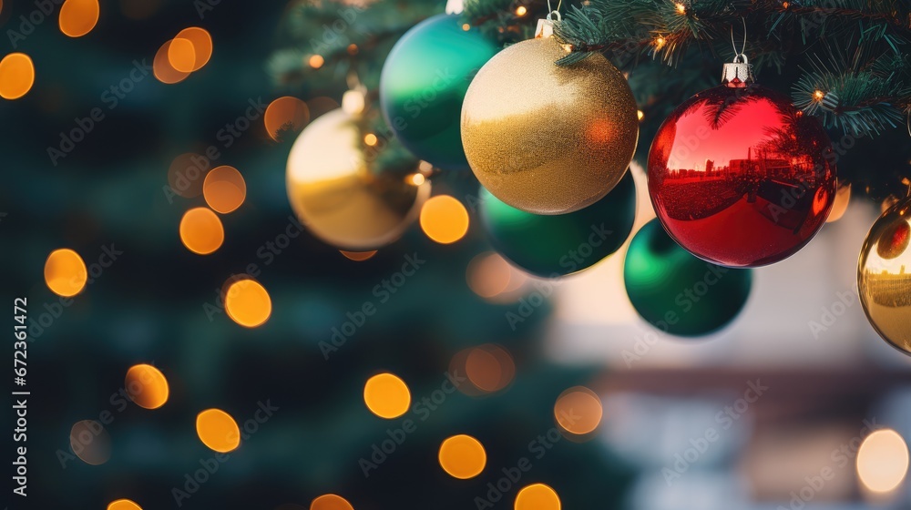 Poster a close up of a christmas tree with ornaments hanging from it's branches and blurry lights in the ba