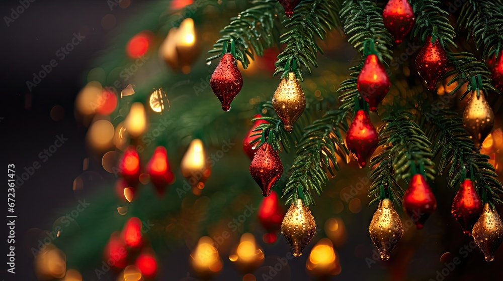 Poster a christmas tree with red and gold ornaments hanging from it's branches and a pine tree with red and