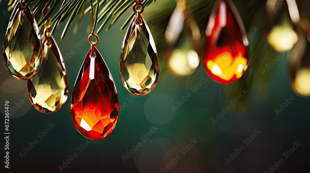 Poster a close up of a christmas tree with a bunch of ornaments hanging from it's branches with lights in t