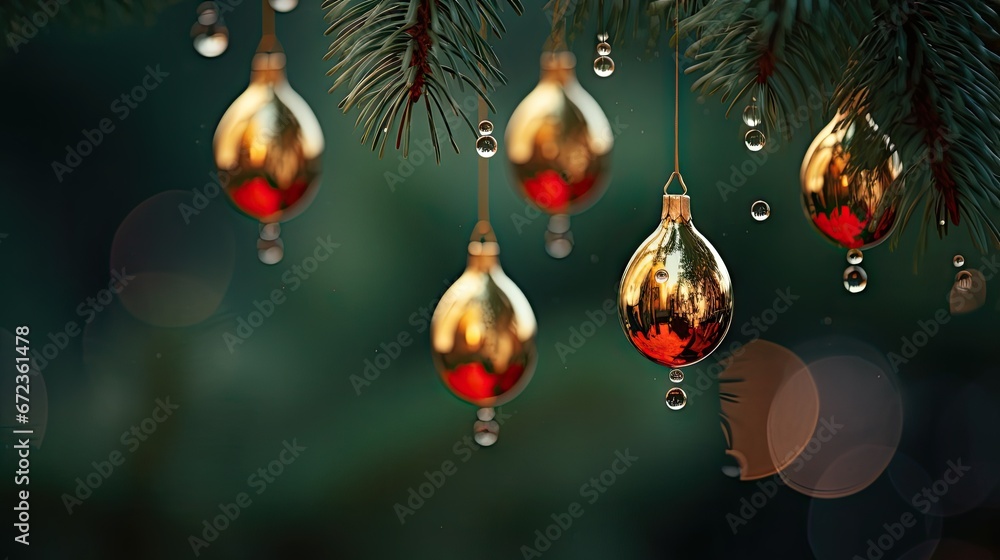 Aufkleber  a bunch of ornaments hanging from a christmas tree with drops of water hanging from the top of them and on the bottom of the branches.  generative ai