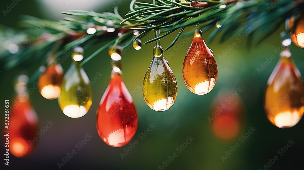 Poster a close up of a christmas tree with lights hanging from it's branches and a pine tree in the backgro