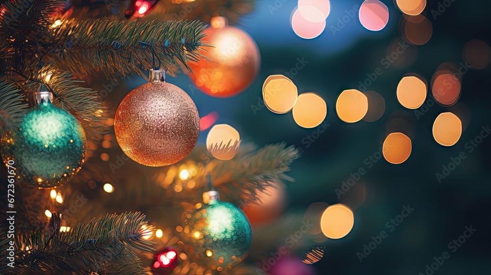 Poster a close up of a christmas tree with a lot of ornaments hanging from it's branches and lights in the 