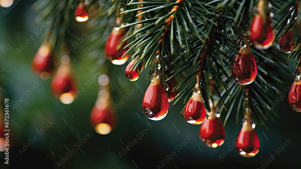 Poster a pine tree with drops of water hanging from it's needles and a pine tree branch in the background. 