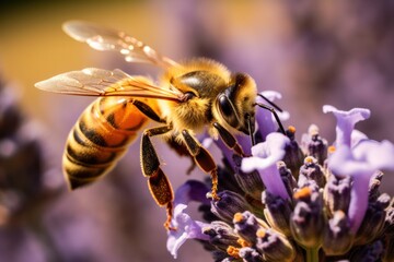 Sunlit honey bee gracefully perches on a lavender blossom, warm golden background.