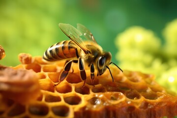 honey bee meticulously working on a vibrant honeycomb, set against a blurred green background.