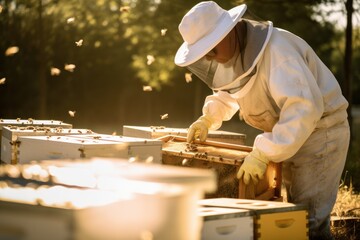 Beekeeper delicately examining a hive frame in golden morning light, bees buzzing around the apiary