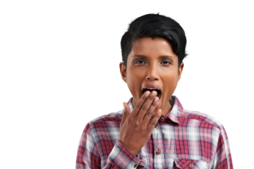 Portrait, yawn and woman tired, fatigue and exhausted burnout on transparent, png background. Insomnia problem, sleepy and face of bored Indian person with low energy, sleepless and cover mouth
