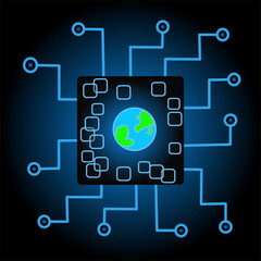 A electronic glowing scheme of a chip with a globe in the middle. Internet of things concept. 