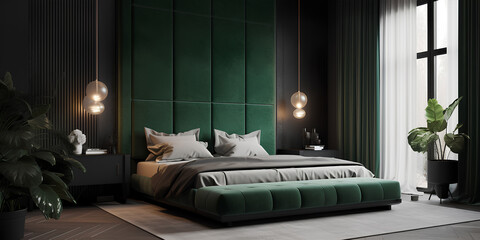 Bedroom interior in green colors in modern house.