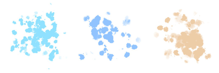 Blue and Beige Watercolor Stains. Delicate Abstract Watercolor Splatter. Pastel Blue, Ice Blue and Light Gold Paint Stains. No Background. Irregular Stains and Splatter Print. Paint Splash.