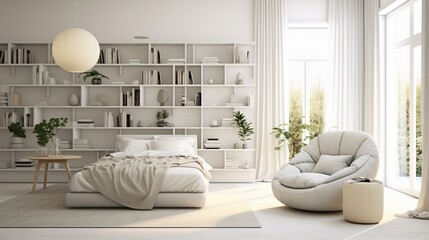 White bedroom with screen, bed, armchair, bookcase, lamp and pouf 8k,