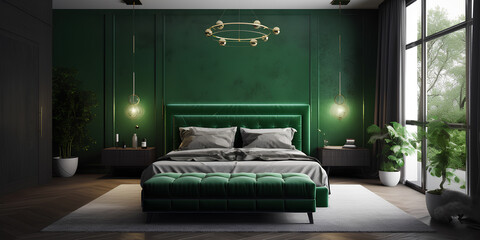 Bedroom interior in green colors in modern house.