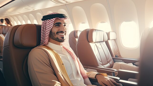 Young Arab sheikh flying in private jet.