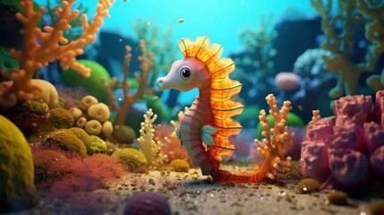 Image for 3d floor.Underwater world.Cute Seahorse.Generative AI