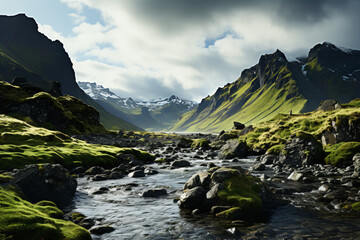 Fototapeta na wymiar Stream in green valley between mountains under cloudy sky