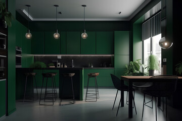 Kitchen interior in green colors in modern house.