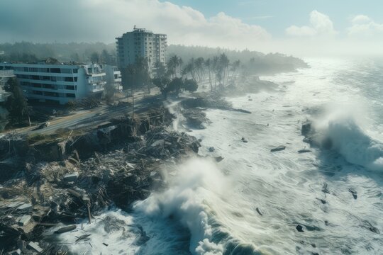 Large destruction of cities as a result of the tsunami. Destruction of a big city after natural disasters. Living quarters were destroyed.